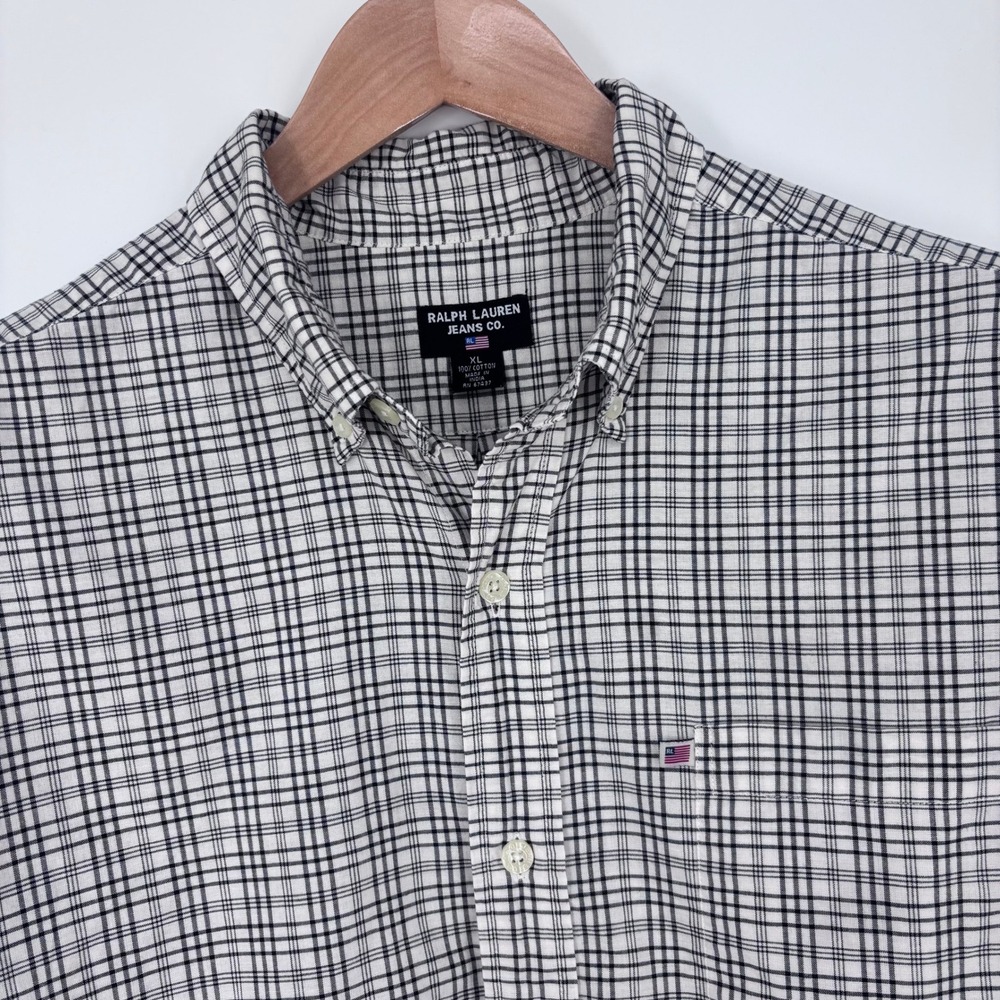 VTG Ralph Lauren Jeans Co Short Sleeve Shirt Mens XL Plaid‎ RL Flag 90s Y2K